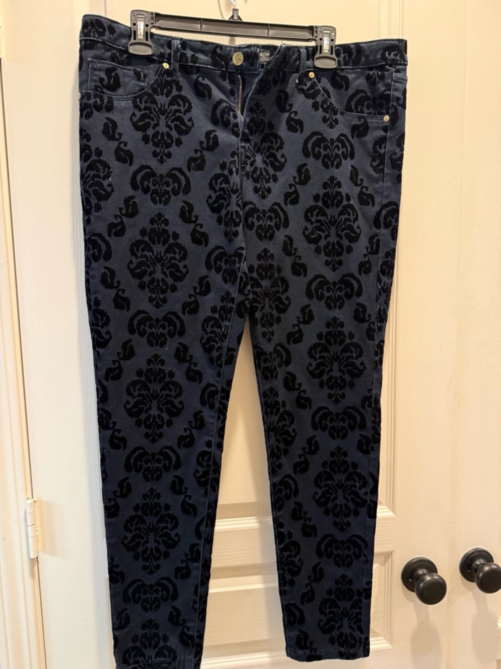 Navy Blue Velvet Damask Pattern Jeans